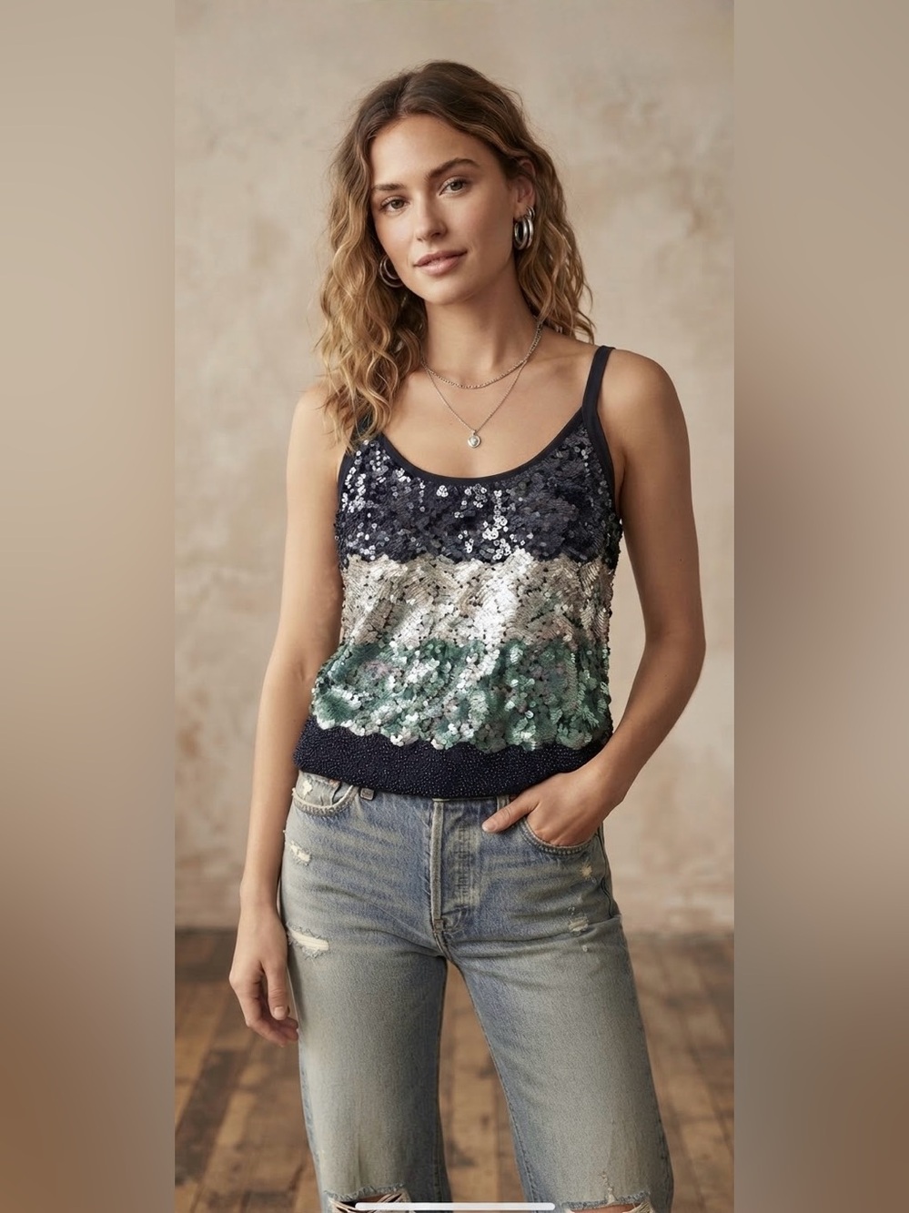 Vintage Joseph Womens a Y2K Silk Sequin Cami Top Size XL